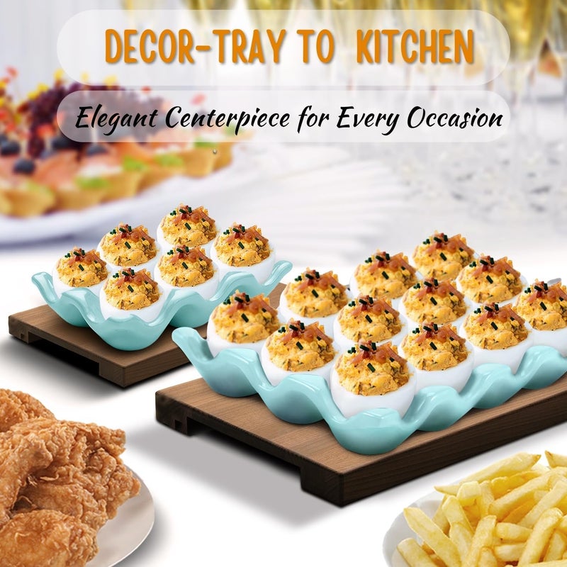 Flexzion 12 + 6 Cups Ceramic Egg Holder for Fridge - 18 Porcelain Egg Tray Container Keeper Storage Organizer Decorative Serving Stand Serveware for Refrigerator Countertop Display Kitchen (Blue) - Image 2